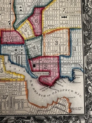 Baltimore Maryland plano da cidade 1860 Mitchell colorido à mão belo mapa decorativo - Imagem 1 de 4