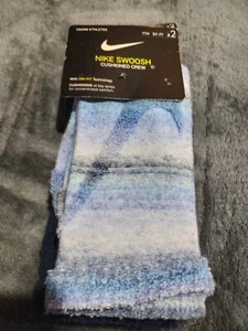 NIKE Swoosh Cushioned Crew Socks 2 Pairs Light / Navy Blue Youth 5Y-7Y **NEW** - Picture 1 of 12