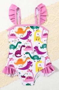 One Piece Swimsuit Toddler Girls Sz 3-4 Dinosaur Design w/Ruffles NEW - Picture 1 of 5