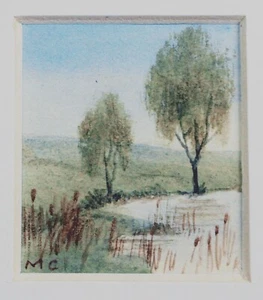 Mercy Creed. Fine early 20th painting. Miniature landscape. Pond and reeds - Picture 1 of 3