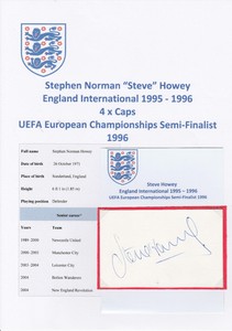 STEVE HOWEY ENGLAND INTERNATIONAL 1995-1996 ORIGINAL HAND SIGNED CUTTING/CARD