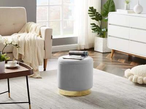 Hocker Zylindrischer Samthocker Sitzhocker mit Stauraum rund, Polsterhocker Grau - Bild 1 von 4