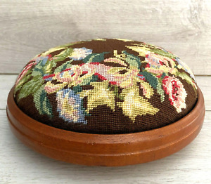 Vintage Round Footstool Tapestry Needlepoint Wood Floral used Foot Stool