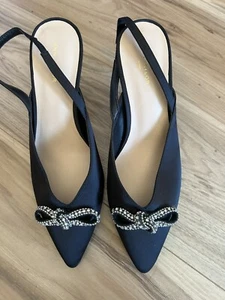 Ann Taylor Black Satin Sling Back Rhinestone Now Size 7.5M Party Wedding EUC - Picture 1 of 6