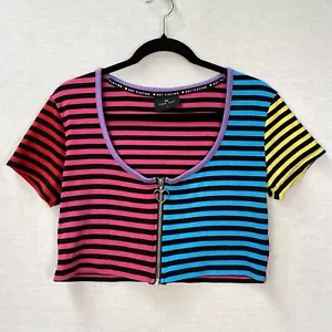 Lazy Oaf Womens Striped Colour Block Crop Top Shirt - Size L - Picture 1 of 14