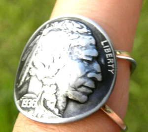 Women 6 size ring 1936 authentic Buffalo Indian Nickel coin sterling silver - Picture 1 of 5