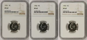 Lot 3 Different Date Jefferson Nickel 5C Proof PF 67 NGC 1951, 1952, 1953 - Picture 1 of 8