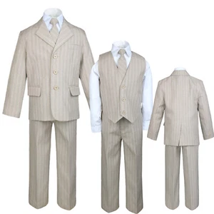 5pc Boy Toddler Kid Teen Wedding Stripe Khaki Blazer Formal Tuxedo Suit Set S-20 - Picture 1 of 6