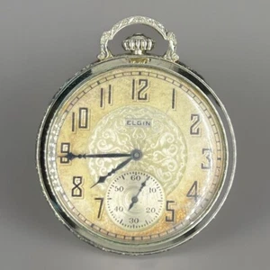 1923 Elgin Grade 345 Openface Pocket Watch 14k White Gold Class 114 12s 17J RUNS - Picture 1 of 5