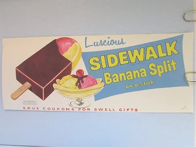 Letrero de papel para lácteos de helado acera plátano dividido en palo premium 1959 vintage Foto 1 de 3