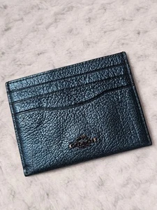 Estuche para tarjetas plano Coach verde azulado mineral/metal oscuro 59462 cuero grano metálico - Imagen 1 de 9