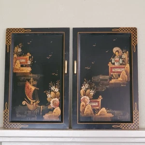 Vintage Asian Hand Painted ART by Dimas 2 Cabinet Doors w/ Pulls 23x14.5" Each - Picture 1 of 3