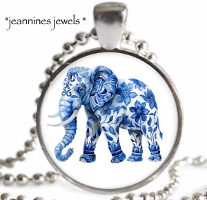 Elephant NECKLACE Delft Blue & White Toile Silver Charm Pendant Necklace - Picture 1 of 13
