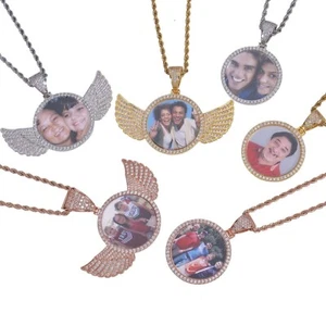 Personalized Diamond Studded Angel Wings Photo Necklace | Custom Photo Necklace - Picture 1 of 19