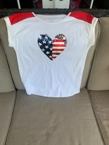CUTE~ Girls Cat & Jack Red White Blue Flip Sequins heart Shirt Size XL - Picture 1 of 11
