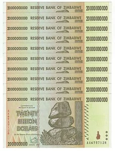 Zimbabwe 20 mil millones de dólares x 10 piezas 2008 serie P-86 billones paquete 1/10 XF-AU - Imagen 1 de 2