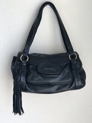 Bolso de Mano Sigrid Olsen Negro Cuero Genuino Cartera Flecos Acento Mantecoso Suave  Foto 1 de 4