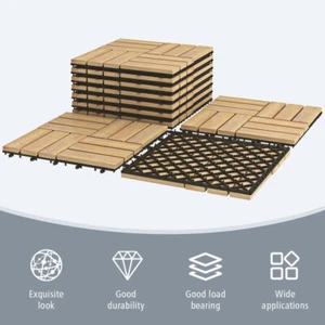Acacia Wood Interlocking Deck Tiles Set of 10 Outdoor Flooring 12x12 Inch - Picture 1 of 8