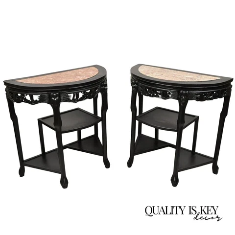 Vintage Chinese Chinoiserie Black Demilune Pink Marble Console Table - a Pair Cover