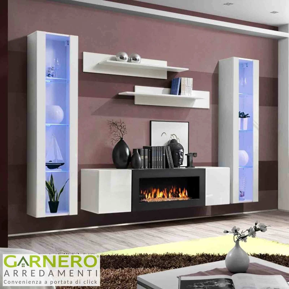 GARNERO ARREDAMENTI Parete attrezzata soggiorno moderno M Gihome ® con camino bioetanolo vetrina tv
