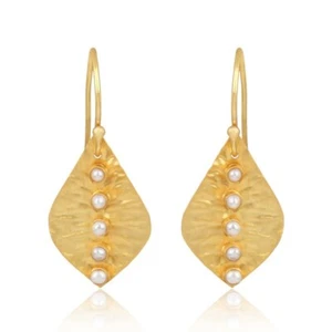 18K Gold Plated Leaf Shape Earrings With Multi Pearl Jewelry For Wedding & Party - Picture 1 of 8