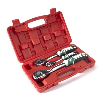 3Pc 1/4" 3/8" 1/2" Ratchet socket wrench set Drive Non-slip Handle Quick Release - Image 1 of 4