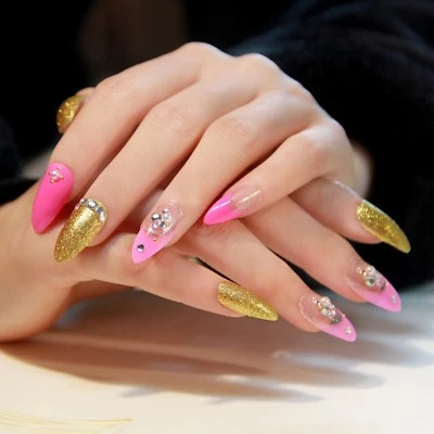 DRESS YOUR NAILS FALSE NAILS Falsche Nägel Stiletto Rosa Gold Glitzer 3D French Styled Full - DYN-PFN-S-02