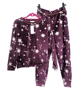 M & S FLEECE LOUNGEWEAR PYJAMA SET SIZE SMALL (8-10) PURPLE STARS - Picture 1 of 1