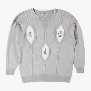 Vintage 80er Herren Burberry bestickt Segel Thema Zopfmuster beige Pullover - Bild 1 von 6