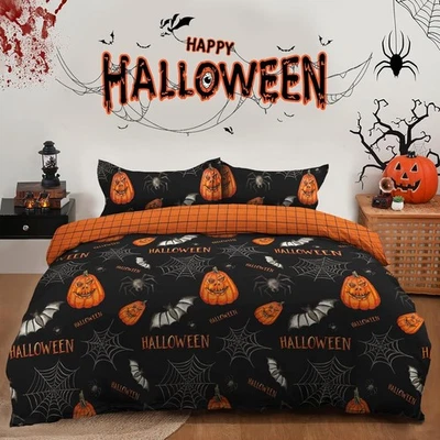 Funda nórdica de Halloween tamaño queen telaraña murciélago juegos de cama negros, calabaza de otoño Spi Foto 1 de 4