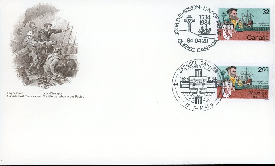 Canadá FDC#1011 Y FRANCIA #1923 - Cartier y envío (1984) 32¢ + 2Fr Foto 1 de 1