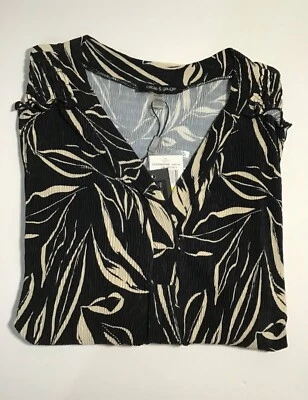 Blusa feminina Cable & Gauge preta com padrão de folha bege manga média 3/4 NOVA - Imagem 1 de 4