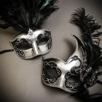 Silver Black Side Feather Glitter & Mardi Gras Top Feather Couple Venetian Mask - Image 1 of 4