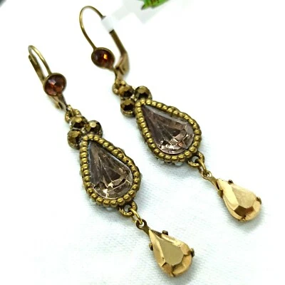 Michal Negrin Earrings Long With Swarovski Crystal Pearls Brown Drop Dangle Gift - Изображение 1 из 4