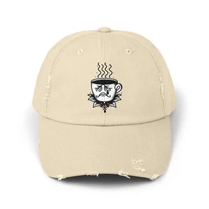 Unisex Distressed Hat Sad Coffee Cup Grumpy Morning Barista Gift Tattoo Shop Cap - Picture 1 of 9
