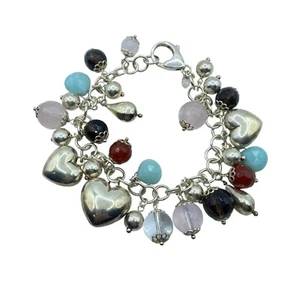 Vicenza Sterling Silver Puffy Heart Multicolor Gemstone Cha Cha Bracelet 7.25in - Picture 1 of 14