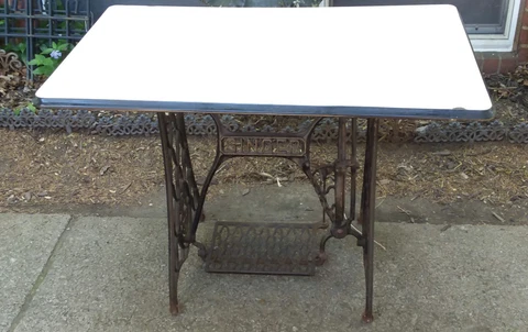 Vintage PORCELAIN ENAMEL ENAMELWARE TABLE CABINET TOP 40"x25" WHITE/Black Antiq Cover