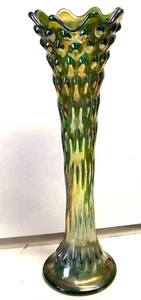 VINTAGE FENTON SWUNG VASE CARNIVAL GLASS GREEN IRIDESCENT 11 3/8” APRIL SHOWERS - Picture 1 of 8