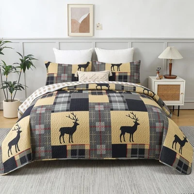 Juego de edredón Lodge tamaño king a cuadros retazos ropa de cama de cabaña rústica alce ciervo pri... Foto 1 de 4