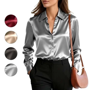 Camisa Blusa Mujer Calidad Satén Informal Manga Larga Botón Elegante Camisa OL EE. UU. - Imagen 1 de 16