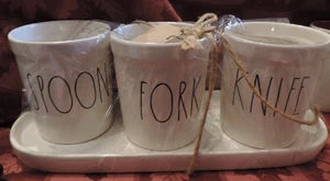 NEW OLD STOCK RAE DUNN 4 PC UTENSIL SET SPOON FORK KNIFE LARGE SIZE LOOK - Picture 1 of 2