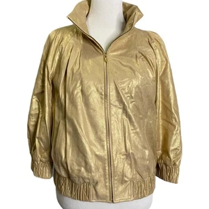 Chaqueta para mujer St. John dorada brillante discoteca alta años 70 80 cremallera completa 100 % cuero M - Imagen 1 de 6