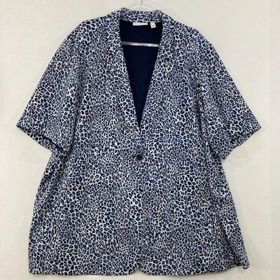 Susan Graver 5X Blue Animal Print Short Sleeve Stretch One Button Blazer Jacket - Image 1 of 4