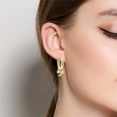 PANDACH 925 Sterling Silver Dangle Moon Sun Star CZ Drop Hook Huggie Earrings - Image 1 of 4