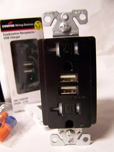 ✌ 2) NEW COOPER COMBINATION RECEPTACLE & USB CHARGER 20 AMP BLK TR7746BK BOX Q=2 - Picture 1 of 5