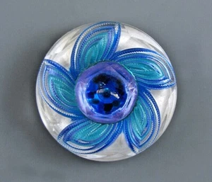 LARGE HAND PAINTED LACY GLASS BUTTON - Picture 1 of 3