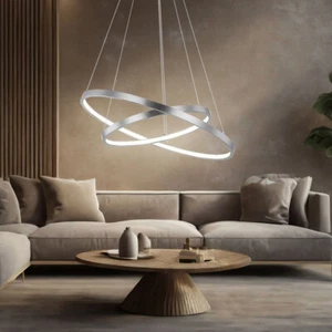 Lampada a Sospensione Sala Pranzo Argento LED Anello Letto H 120 CM - Foto 1 di 9