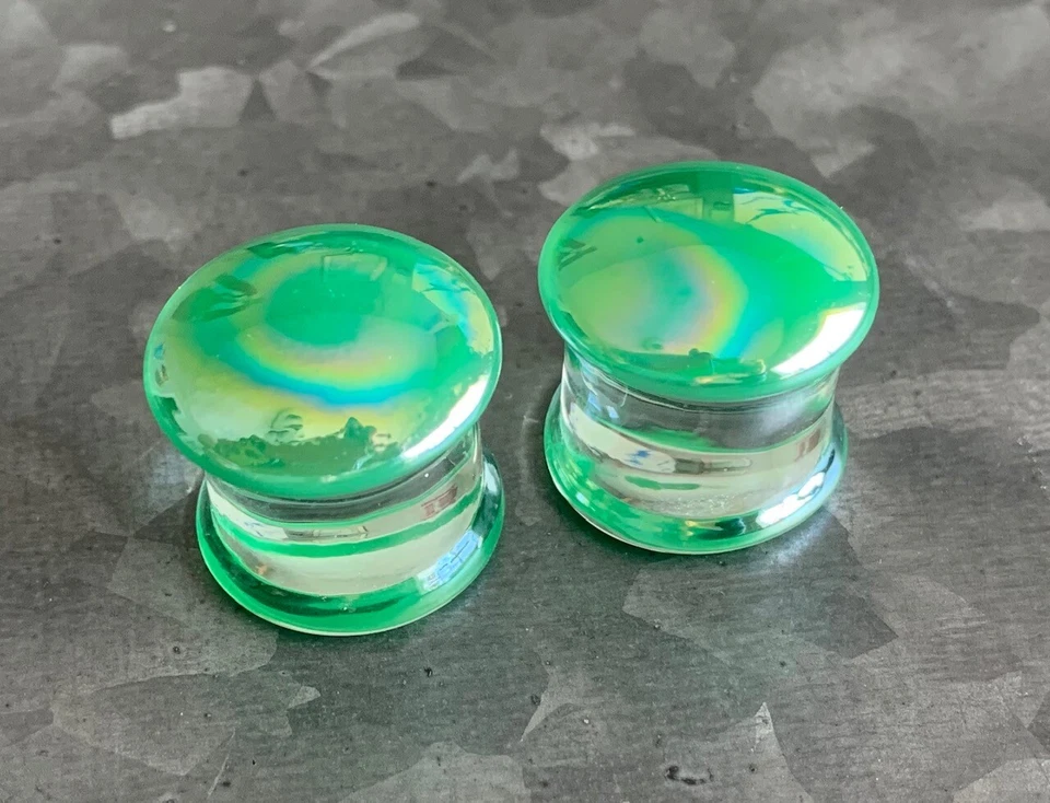 PAIR Pearl Green Design Pyrex Glass Double Flare Plugs Gauges Body Jewelry  - Image 1 of 4