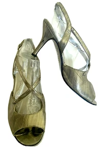 Taranto International 7.5 Beige Gold Speckled Leather Peep Toe Slingback Heels - Picture 1 of 17