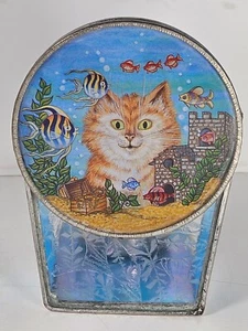 VTG 1996 American Art Glass Co. Stained Glass Votive/Oragnge Tabby Cat, Fish/New - Picture 1 of 12